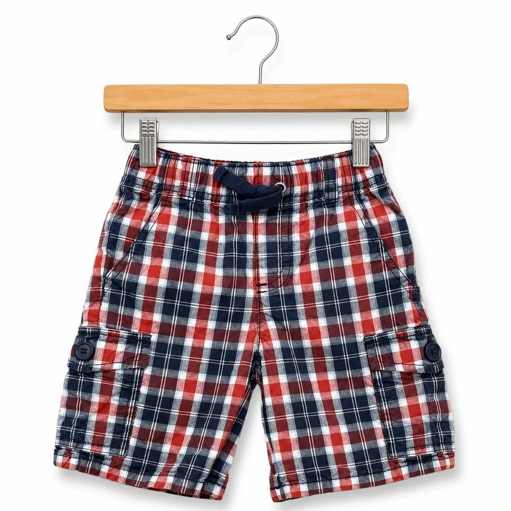 Gymboree‎ Boys Shorts Sz 2T Red White Blue Plaid Pull On Cargo Style
